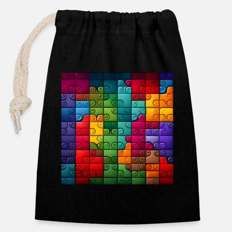 Modèle de puzzle arc-en-ciel coloré - Sac cadeau en coton avec cordon (14 x 20 cm) - noir
