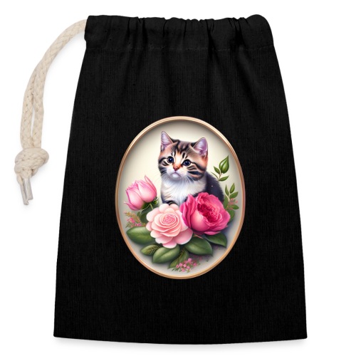 Süßes Kätzchen mit Rosen - Verschließbarer Geschenkbeutel aus Baumwolle (14x20cm)