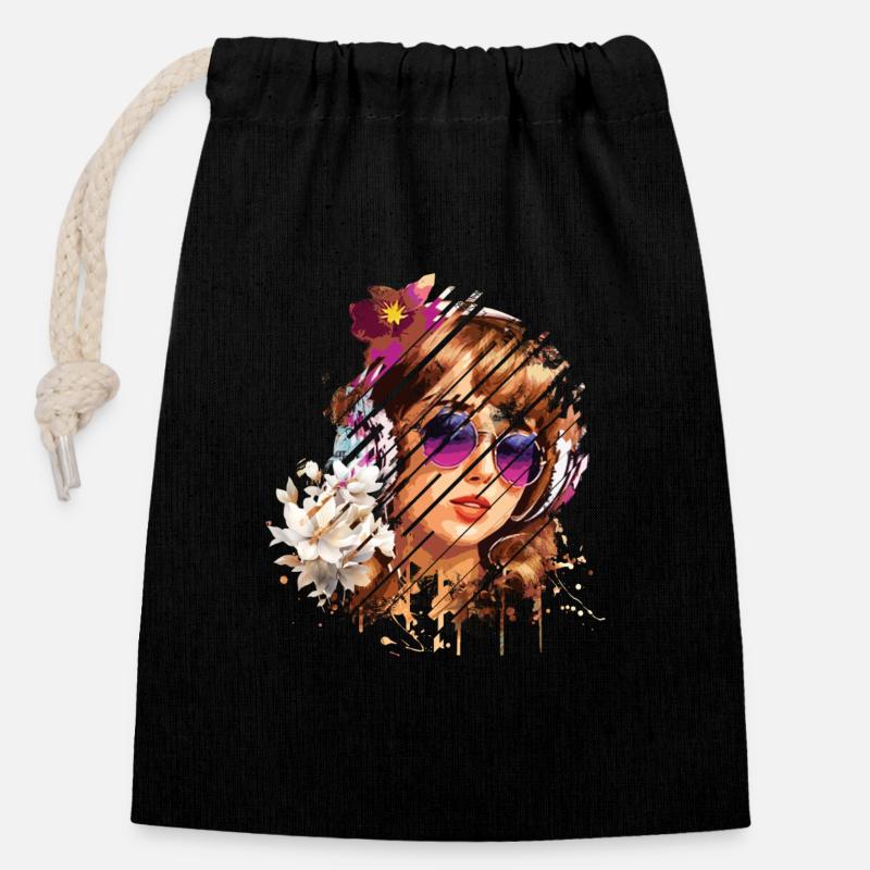 Femme rétro fleurs et lunettes violettes - Sac cadeau en coton avec cordon (14 x 20 cm) - noir