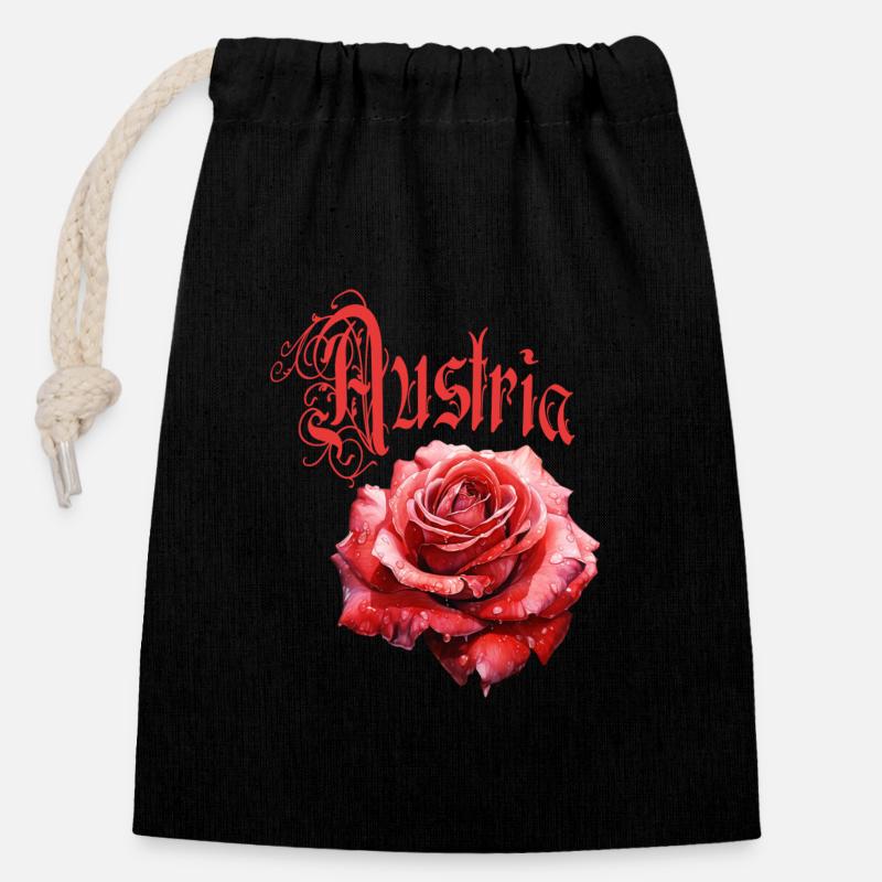 Austria Rose – Rote Blume - Vintage-Schrift - Verschließbarer Geschenkbeutel aus Baumwolle (14x20cm) - Schwarz