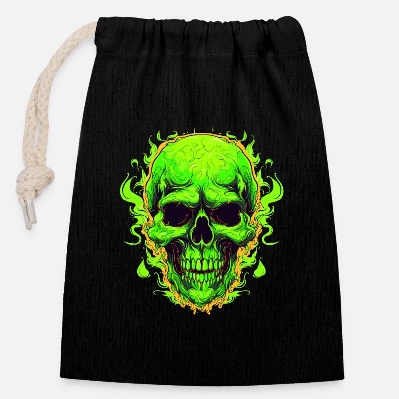 Conception du crâne des flammes néon - Sac cadeau en coton avec cordon (14 x 20 cm) - noir