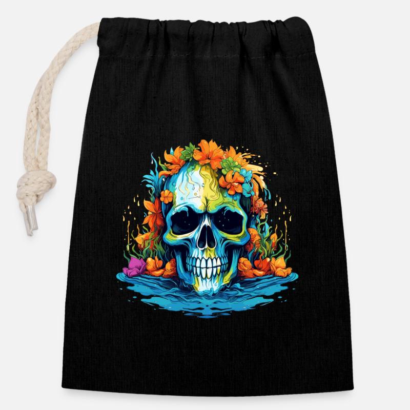Tropischer Blüten-Totenkopf - Verschließbarer Geschenkbeutel aus Baumwolle (14x20cm) - Schwarz