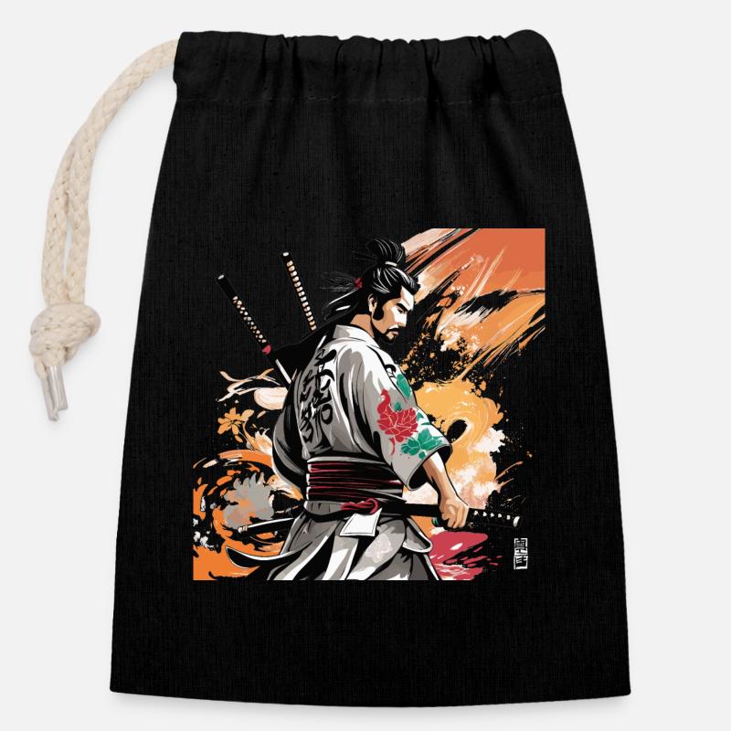 Samurai mit Schwertergrafik - Verschließbarer Geschenkbeutel aus Baumwolle (14x20cm) - Schwarz