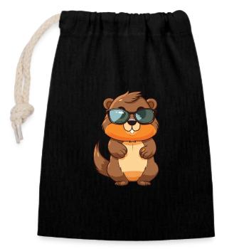 Biber trägt Brille Cartoon Kawaii Illustration - Verschließbarer Geschenkbeutel aus Baumwolle (14x20cm) - Schwarz - Vorne