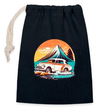 Vintage - Beach View with Old Car - Closable cotton gift bag (14x20cm) - navy - Front