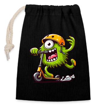 Cute funny monster on escooter - Closable cotton gift bag (14x20cm) - black - Front