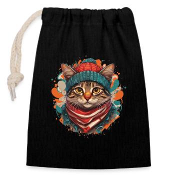 Un chat mignon portant une écharpe épaisse et un chapeau - Sac cadeau en coton avec cordon (14 x 20 cm) - noir - Devant