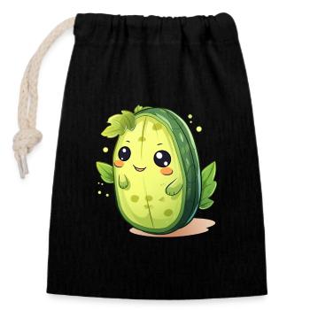 Kawaii Kaktus Gurke Männchen – Süßes Design - Verschließbarer Geschenkbeutel aus Baumwolle (14x20cm) - Schwarz - Vorne