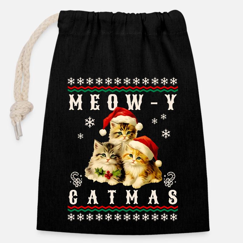 Chaton de Noël rétro Miaou Catmas - Sac cadeau en coton avec cordon (14 x 20 cm) - noir
