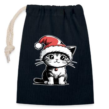 Chat Noël - Sac cadeau en coton avec cordon (14 x 20 cm) - bleu marine - Devant
