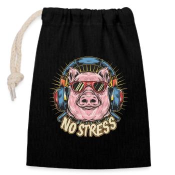 Pig with headphones Funny saying NO STRESS - Closable cotton gift bag (14x20cm) - black - Front