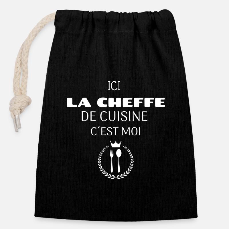Ici la cheffe de cuisine c’est moi - Sac cadeau en coton avec cordon (14 x 20 cm) - noir