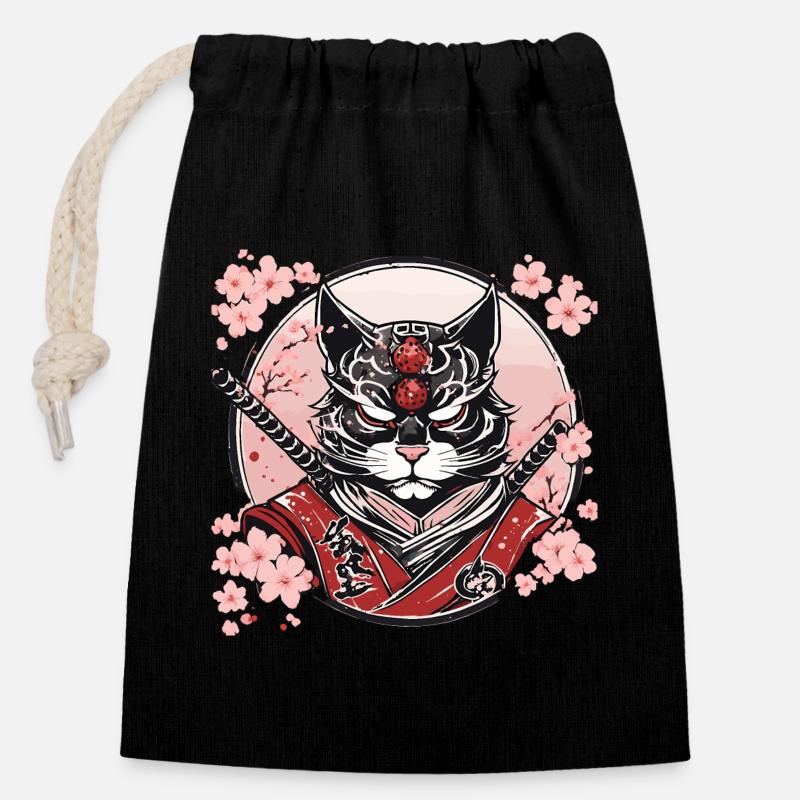Démoniaque Kawaii Neko Samurai : chat samouraï - Sac cadeau en coton avec cordon (14 x 20 cm) - noir