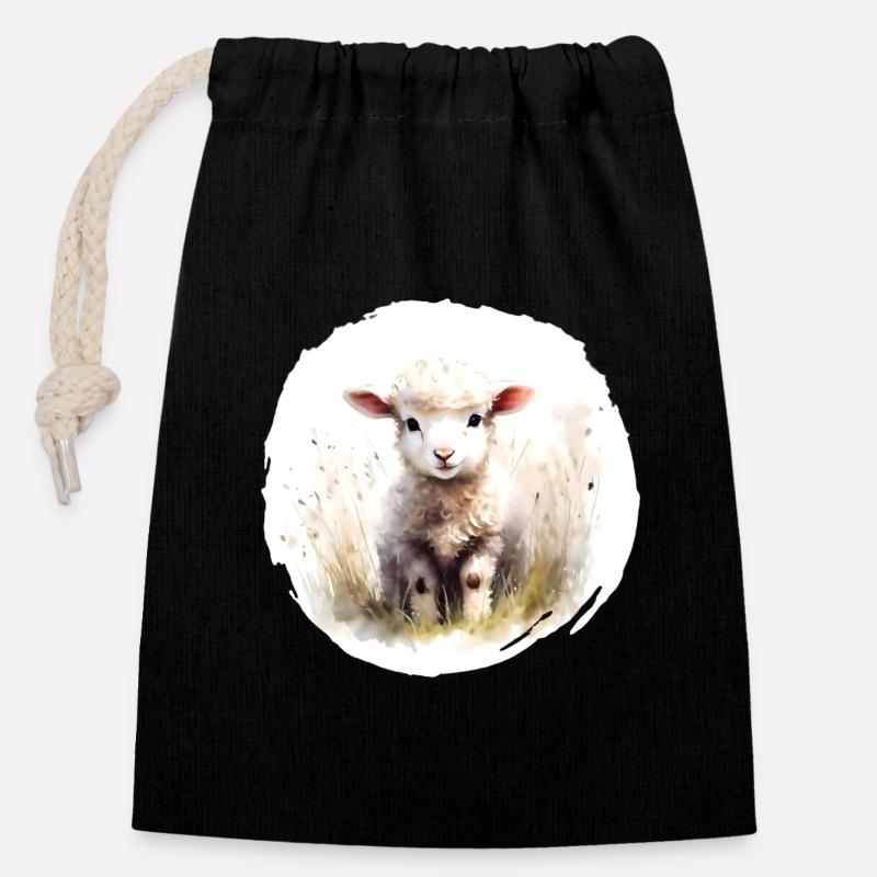 Aquarelle d’agneau - Sac cadeau en coton avec cordon (14 x 20 cm) - noir