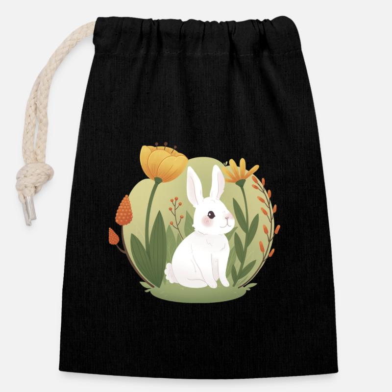 Garden Bunny with Tulip and Other Flowers - Closable cotton gift bag (14x20cm) - black