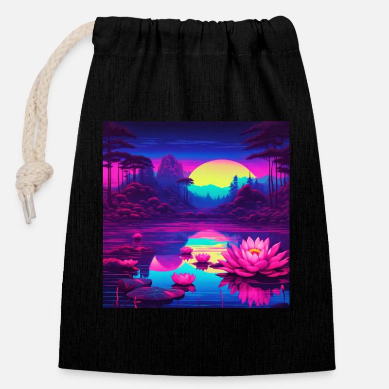 Water lilies on the lake - Closable cotton gift bag (14x20cm) - black