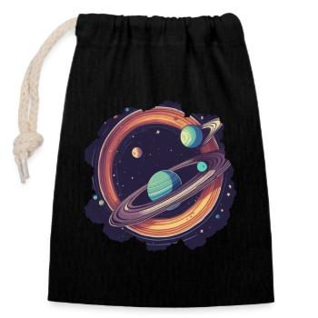 Saturns Sternenzauber - Verschließbarer Geschenkbeutel aus Baumwolle (14x20cm) - Schwarz - Vorne