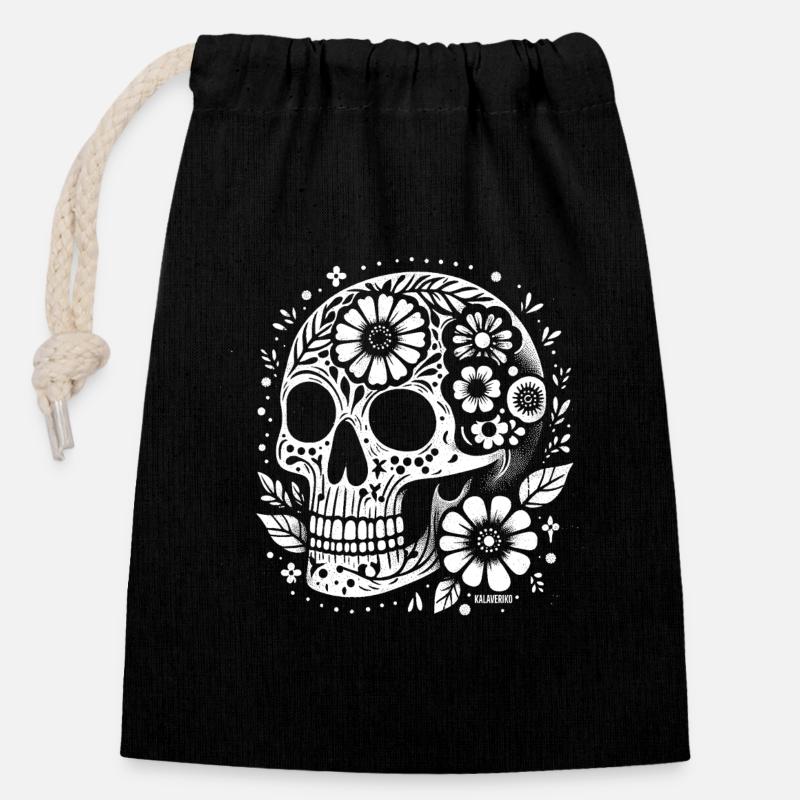 Crâne mexicain - Sac cadeau en coton avec cordon (14 x 20 cm) - noir