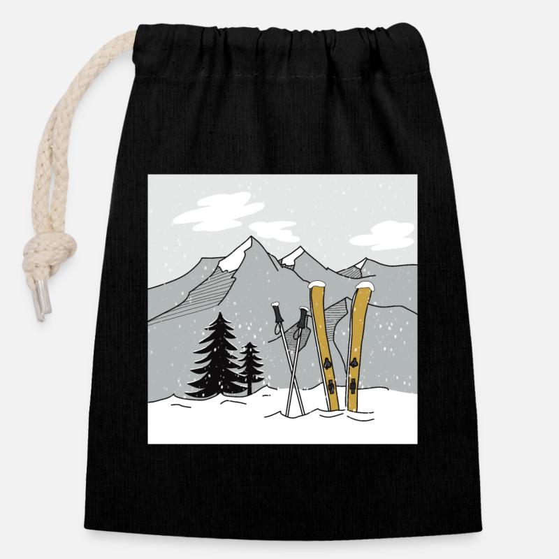 Skiing in winter in the mountains - Closable cotton gift bag (14x20cm) - black