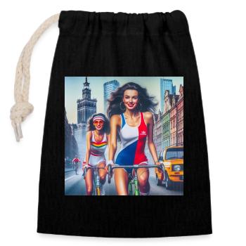Zwei Mädchen, die im Retro-Warschau-Stil radeln - 80er-Jahre-Stil - Verschließbarer Geschenkbeutel aus Baumwolle (14x20cm) - Schwarz - Vorne