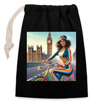 Retro-Mädchen auf einem Fahrrad von Big Ben in London - Verschließbarer Geschenkbeutel aus Baumwolle (14x20cm) - Schwarz - Vorne