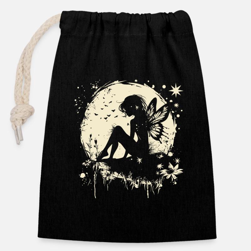 Fée, Elfe, Lune, Conte de fées, Créatures mythiques - Sac cadeau en coton avec cordon (14 x 20 cm) - noir