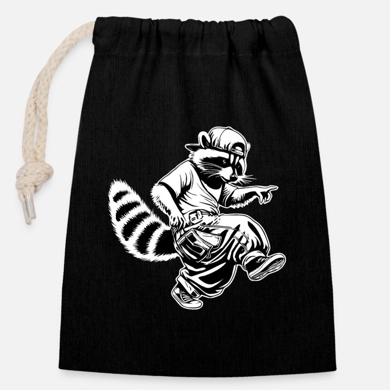 Raton laveur hiphop - Sac cadeau en coton avec cordon (14 x 20 cm) - noir