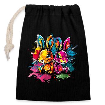 Two bunnies in colorful graffiti style - Closable cotton gift bag (14x20cm) - black - Front