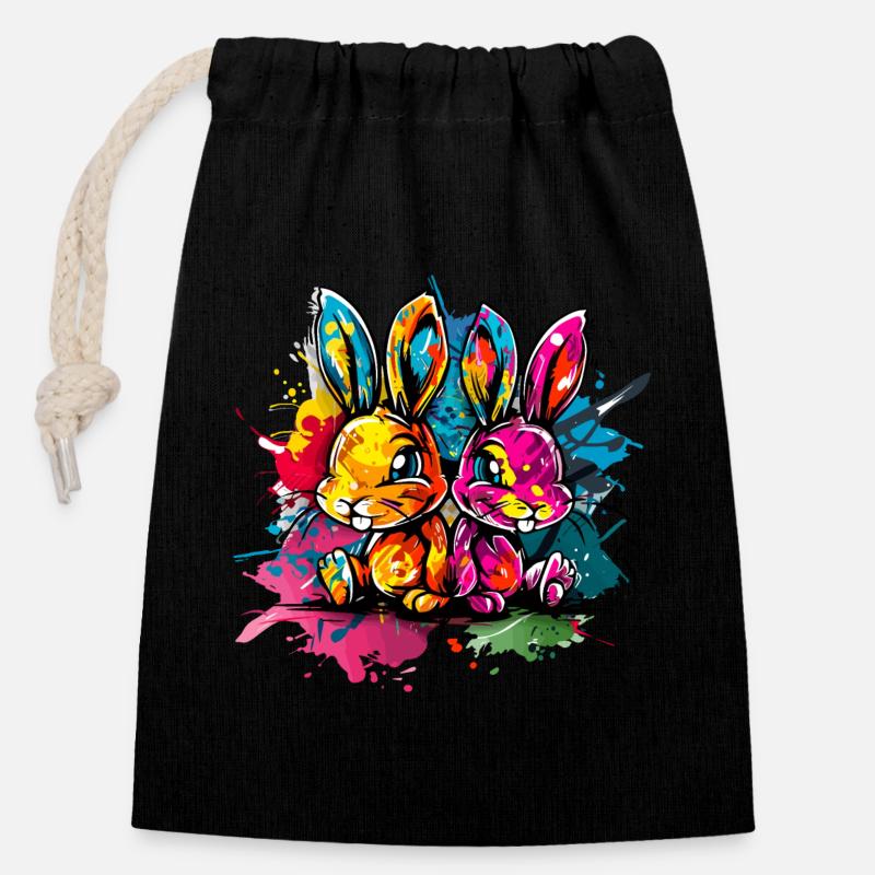 Deux lapins dans un style graffiti coloré - Sac cadeau en coton avec cordon (14 x 20 cm) - noir
