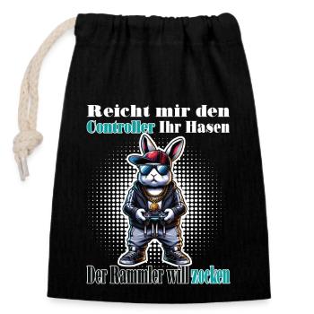 Reicht mit den Controller Hase zocken - Verschließbarer Geschenkbeutel aus Baumwolle (14x20cm) - Schwarz - Vorne