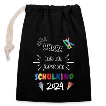 Schulkind 2024 - Einschulung - Erster Schultag - Verschließbarer Geschenkbeutel aus Baumwolle (14x20cm) - Schwarz - Vorne