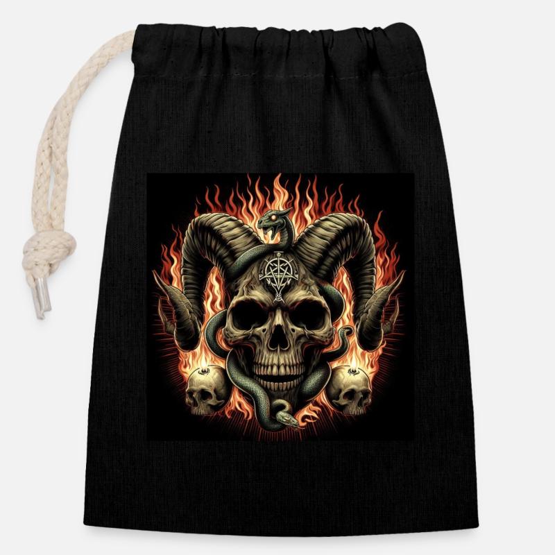 Crâne satanique en feu - Sac cadeau en coton avec cordon (14 x 20 cm) - noir