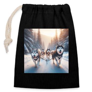 Huskies on a sled - Closable cotton gift bag (14x20cm) - black - Front