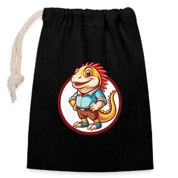 Iguana Funny Kawaii Cartoon Clipart Animal Pet - Closable cotton gift bag (14x20cm) - black - Front