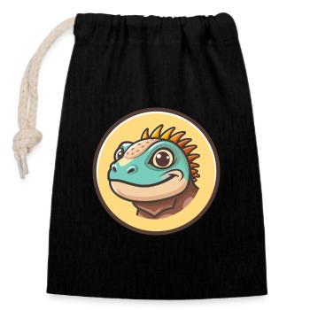 Iguana Kawaii Cartoon Character Animal Pet Face - Closable cotton gift bag (14x20cm) - black - Front