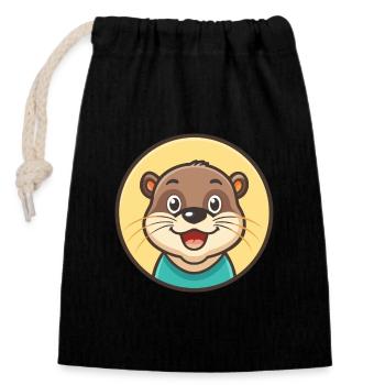 loutre kawaii dessin animé personnage animal visage d’animal - Sac cadeau en coton avec cordon (14 x 20 cm) - noir - Devant