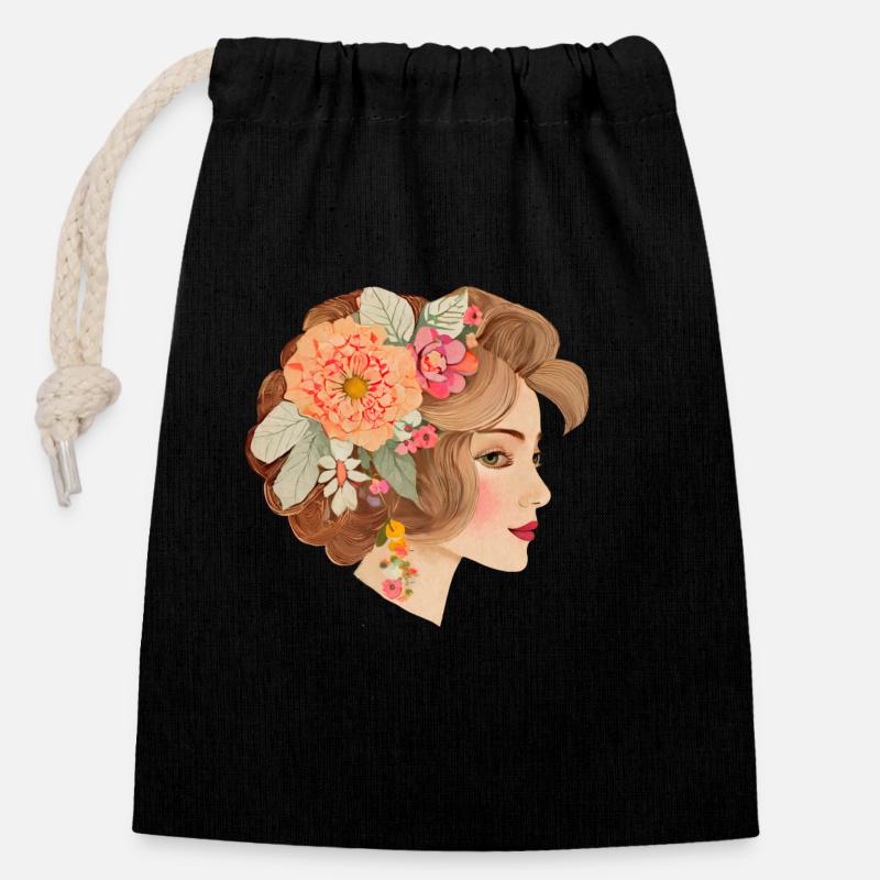 Belle dame au style bohème chic - Sac cadeau en coton avec cordon (14 x 20 cm) - noir