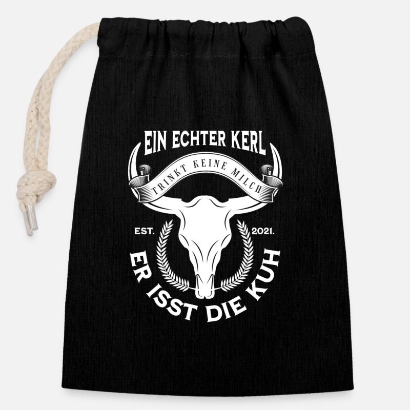 Kuh Spruch "Ein echter Kerl trinkt keine Milch... - Verschließbarer Geschenkbeutel aus Baumwolle (14x20cm) - Schwarz