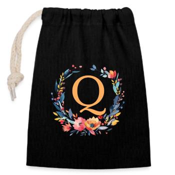 Q Monogram, Couronne de fleurs, Personnalisable - Sac cadeau en coton avec cordon (14 x 20 cm) - noir - Devant
