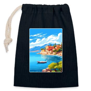 Corfou Grèce Affiche de voyage Souvenir Carte Postale Peinture - Sac cadeau en coton avec cordon (14 x 20 cm) - bleu marine - Devant