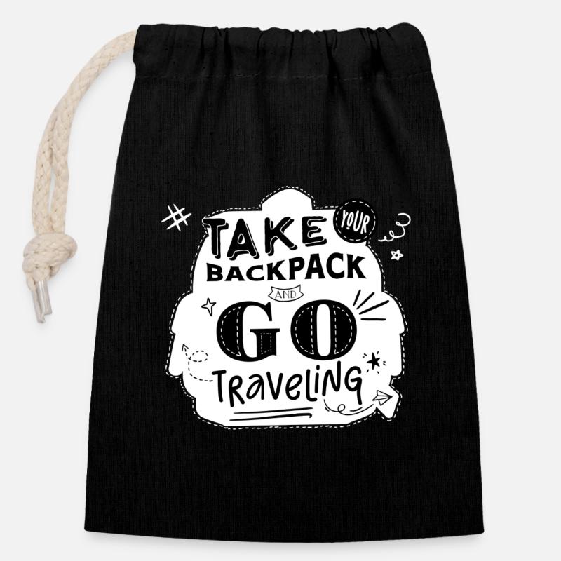 "Take your backpack and go traveling" white - Closable cotton gift bag (14x20cm) - black