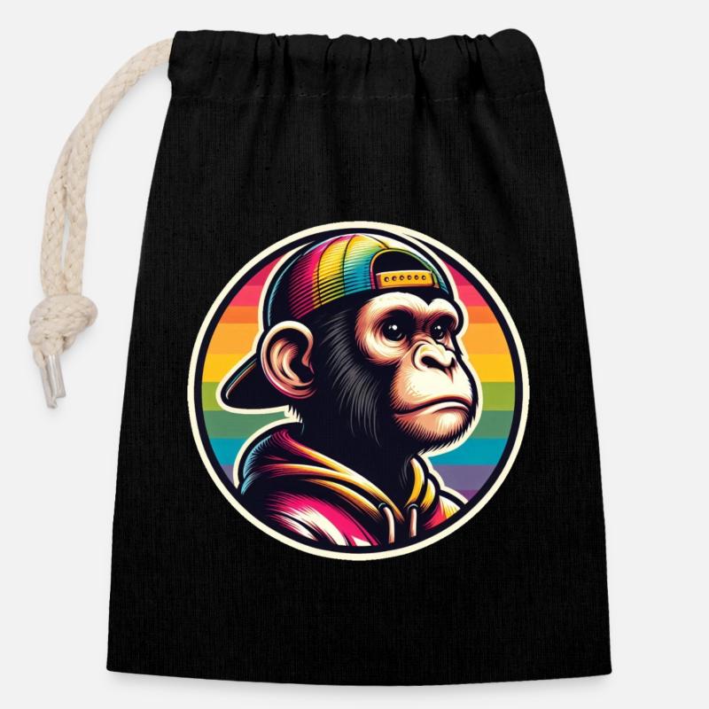 Casquette à capuche Monkey Arc-en-ciel - Sac cadeau en coton avec cordon (14 x 20 cm) - noir