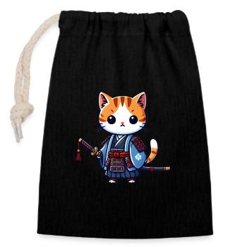 Samurai Cat in Blue Robes with Katana - Closable cotton gift bag (14x20cm) - black - Front
