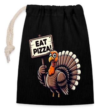 Drôle de dinde « manger de la pizza » Design - Sac cadeau en coton avec cordon (14 x 20 cm) - noir - Devant