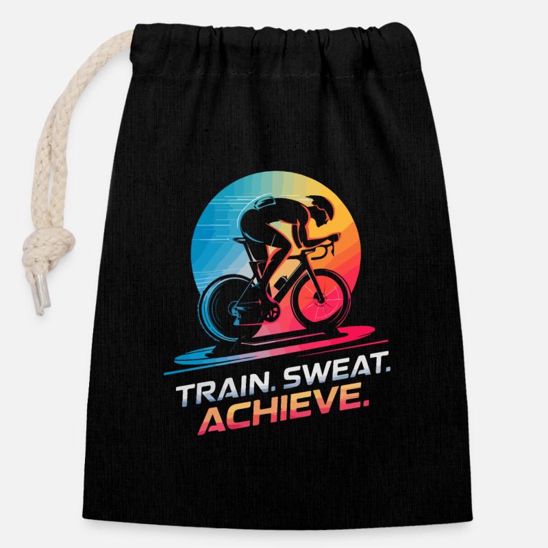 Train. Sweat. Achieve. Indoor cycling trainer - Closable cotton gift bag (14x20cm) - black