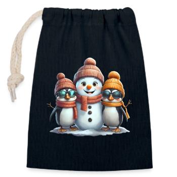 Amis de l’hiver : Pingouins et bonhomme de neige - Sac cadeau en coton avec cordon (14 x 20 cm) - bleu marine - Devant