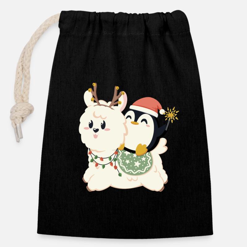 L’alpaga et le pingouin fêtent Noël - Sac cadeau en coton avec cordon (14 x 20 cm) - noir