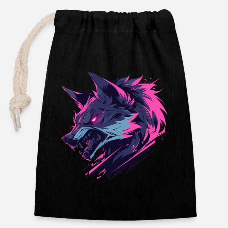 Loup féroce aux couleurs vives - Sac cadeau en coton avec cordon (14 x 20 cm) - noir