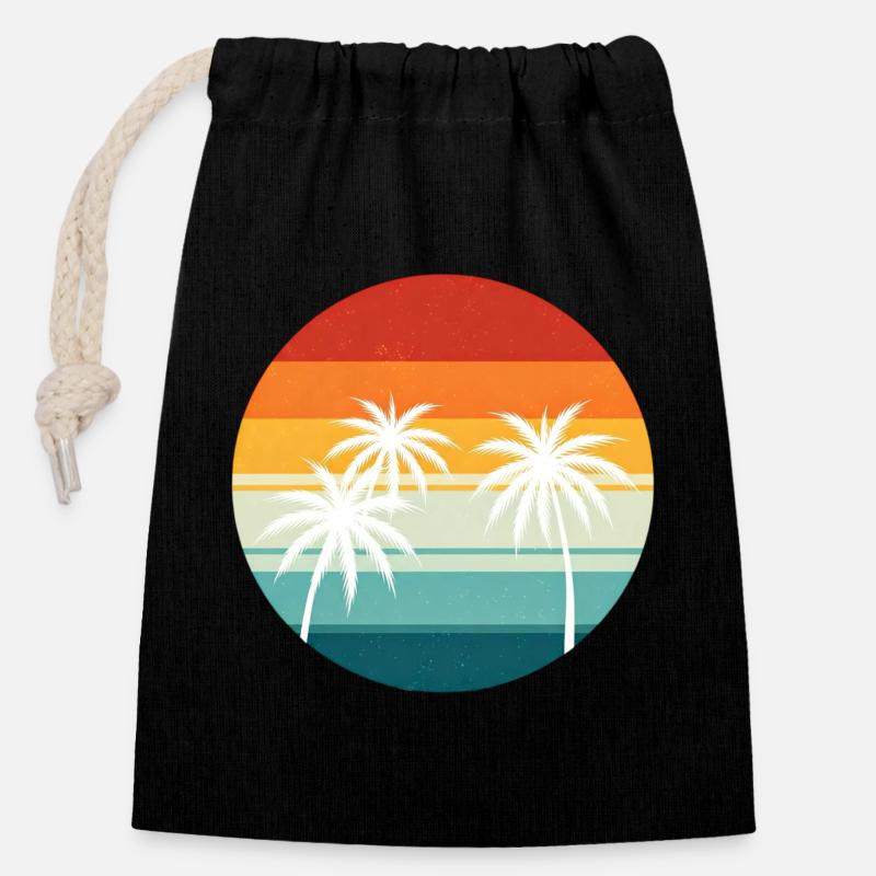 Palmier rétro coucher de soleil - Sac cadeau en coton avec cordon (14 x 20 cm) - noir