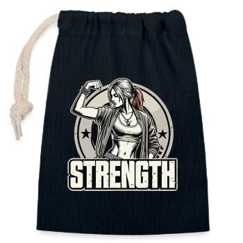 Strength strong woman stretches arm on gift - Closable cotton gift bag (14x20cm) - navy - Front